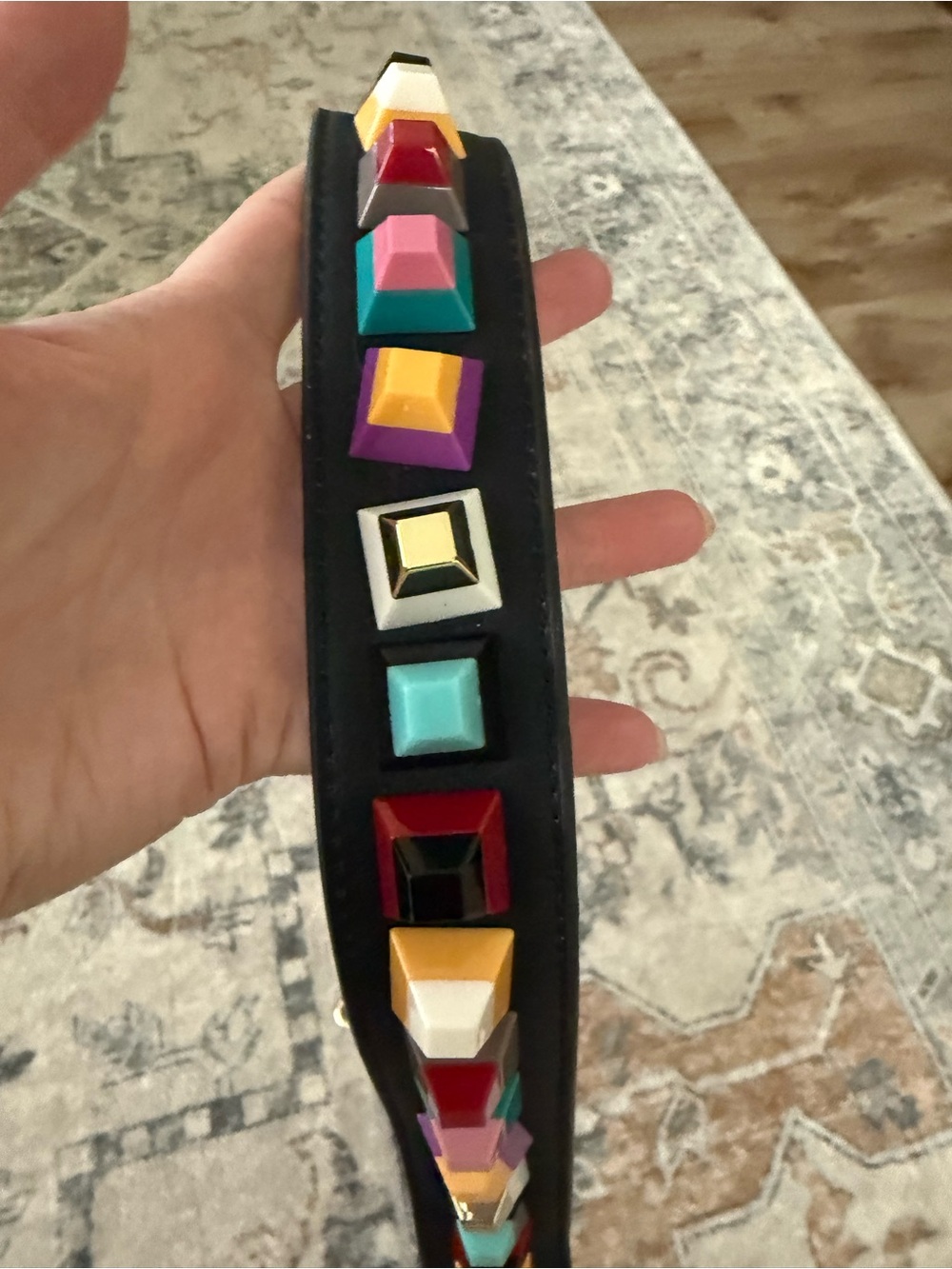 Unbranded Black Leather Bag Strap with Multicolor Pyramid Studs - Picture 5 of 9
